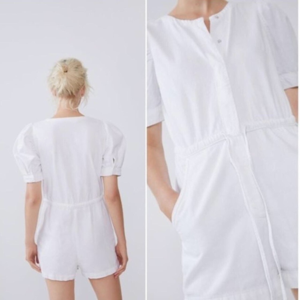 White zara button up tie romper